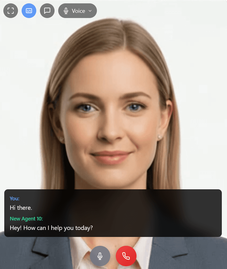 KonPro widget mid-call: avatar video with the fullscreen, captions, text input and Voice input-mode buttons at the top-left, a transcript panel showing the exchange, and mic-mute plus end-call buttons at the bottom
